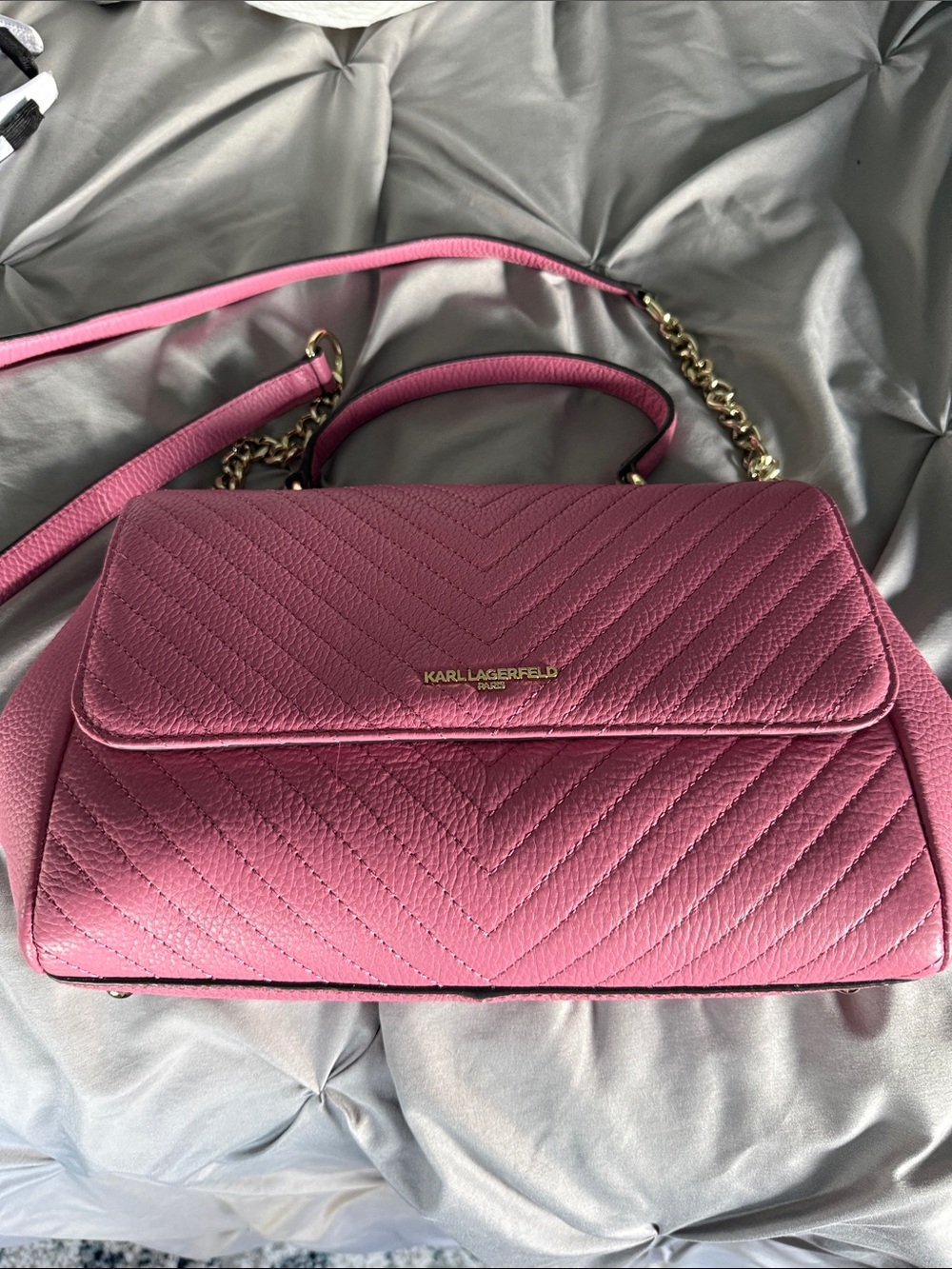 Karl Lagerfeld Pink Quilted Chevron Top-Handle Satchel with Chain Strap - Picture 2 of 5